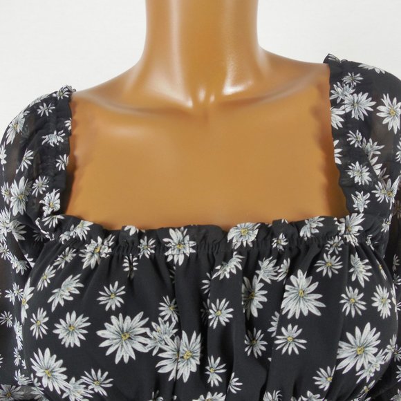 LEYDEN L New Black Daisy Print Cropped Top Stretch Bodice Long Sheer Sleeves - Picture 4 of 9